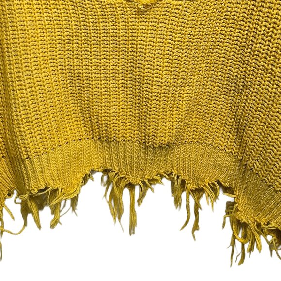 EUC ZAFUL BOLD MUSTARD YELLOW KNITTED CROPPED FRINGED HEM PULLOVER SWEATER OSFM - Picture 4 of 8
